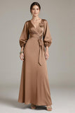 Terracotta Floral Satin V-Neck Sheath Long Formal Dress with Sleeves