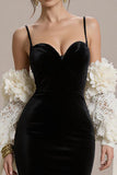 Black Velvet Spaghetti Straps Mermaid Long Formal Dress with Sleeves
