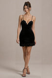 Black Velvet Bodycon Spaghetti Straps Short Cocktail Dress with Ruffles