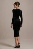 Black Velvet V-Neck Bodycon Midi Cocktail Dress with Sleeves