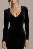 Black Velvet V-Neck Bodycon Midi Cocktail Dress with Sleeves