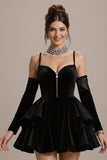 Black Velvet Ruffled Tiered A Line Short Cocktail Dress