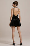 Simple Black Velvet A Line Spaghetti Straps Short Cocktail Dress with Lace