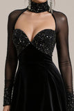 Sparkly Black Velvet Beaded A Line Short Cocktail Dress with Sleeves