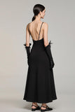 Simple Black Satin A Line Spaghetti Straps Long Formal Dress