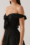 Black Lace A Line Off The Shoulder Short Cocktail Dress with Bow