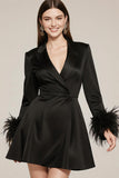 Black Satin Notched Lapel A Line Short Cocktail Dress with Feather