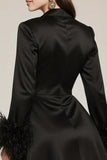 Black Satin Notched Lapel A Line Short Cocktail Dress with Feather