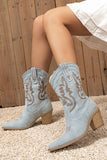 Dark Blue Wide Calf Pointed Toe Chunky Heel Embroidered Cowgirl Boots