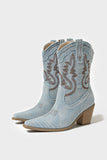 Dark Blue Wide Calf Pointed Toe Chunky Heel Embroidered Cowgirl Boots
