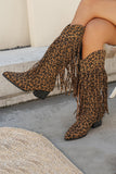 Brown Leopard Wide Calf Chunky Heel Cowgirl Boots with Fringes