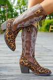 Brown Leopard Chunky Heel Wide Calf Embroidered Cowgirl Boots