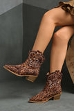 Brown Leopard Pointed Toe Chunky Heel Embroidered Cowgirl Ankle Boots