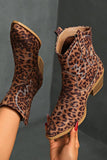 Brown Leopard Pointed Toe Chunky Heel Embroidered Cowgirl Ankle Boots