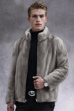 Grey Zip-Up Faux Fur Hooded Men's Winter Coat