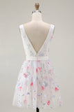 Sparkly Floral White V-Neck Backless A Line Sequin Homecoming Dress