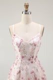 Pink Floral Sequins A Line Short Homecoming Dress with Lace Up Back