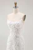 White Bodycon Spaghetti Straps Appliqued Homecoming Dress with Slit