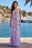 Strapless Purple Floral Sheath Prom Dress with Beading