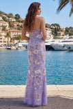 Strapless Purple Floral Sheath Prom Dress with Beading