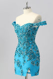 Off The Shoulder Blue Beaded Corset Bodycon Homecoming Dress with Appliques