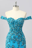 Off The Shoulder Blue Beaded Corset Bodycon Homecoming Dress with Appliques