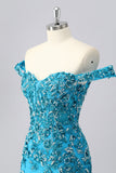 Off The Shoulder Blue Beaded Corset Bodycon Homecoming Dress with Appliques