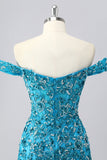 Off The Shoulder Blue Beaded Corset Bodycon Homecoming Dress with Appliques