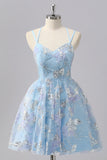 Blue Floral A Line Sequin Mini Homecoming Dress