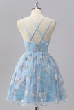 Blue Floral A Line Sequin Mini Homecoming Dress