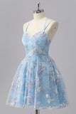 Blue Floral A Line Sequin Mini Homecoming Dress