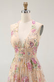 Sparkly Halter Floral Champagne A Line Halter Sequins Homecoming Dress