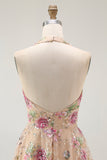 Sparkly Halter Floral Champagne A Line Halter Sequins Homecoming Dress