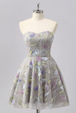 Grey A Line Strapless Floral Mini Homecoming Dress with Embroidery