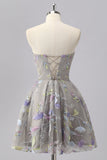 Grey A Line Strapless Floral Mini Homecoming Dress with Embroidery