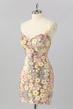 Yellow Floral Sequin Bodycon Mini Homecoming Dress