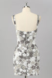Sparkly Silver Floral Sequin Bodycon Mini Homecoming Dress with Slit