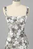 Sparkly Silver Floral Sequin Bodycon Mini Homecoming Dress with Slit