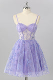Purple A Line Spaghetti Straps Corset Sequin Homecoming Dress