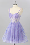 Purple A Line Spaghetti Straps Corset Sequin Homecoming Dress