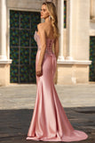 Sparkly Blush Mermaid Sweetheart Corset Satin Long Formal Dress with Slit