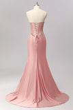 Sparkly Blush Mermaid Sweetheart Corset Satin Long Formal Dress with Slit