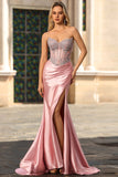 Sparkly Blush Mermaid Sweetheart Corset Satin Long Formal Dress with Slit