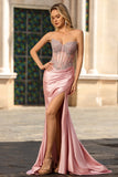 Sparkly Blush Mermaid Sweetheart Corset Satin Long Formal Dress with Slit