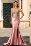 Sparkly Blush Mermaid Sweetheart Corset Satin Long Formal Dress with Slit
