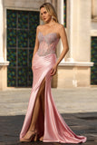 Sparkly Blush Mermaid Sweetheart Corset Satin Long Formal Dress with Slit