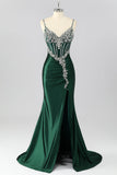 Sparkly Dark Green Mermaid Corset Long Formal Dress with Rhinestones