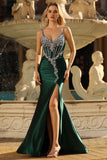 Sparkly Dark Green Mermaid Corset Long Formal Dress with Rhinestones