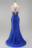Royal Blue Beaded Mermaid Spaghetti Straps Corset Long Prom Dress with Slit