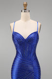 Royal Blue Beaded Mermaid Spaghetti Straps Corset Long Prom Dress with Slit